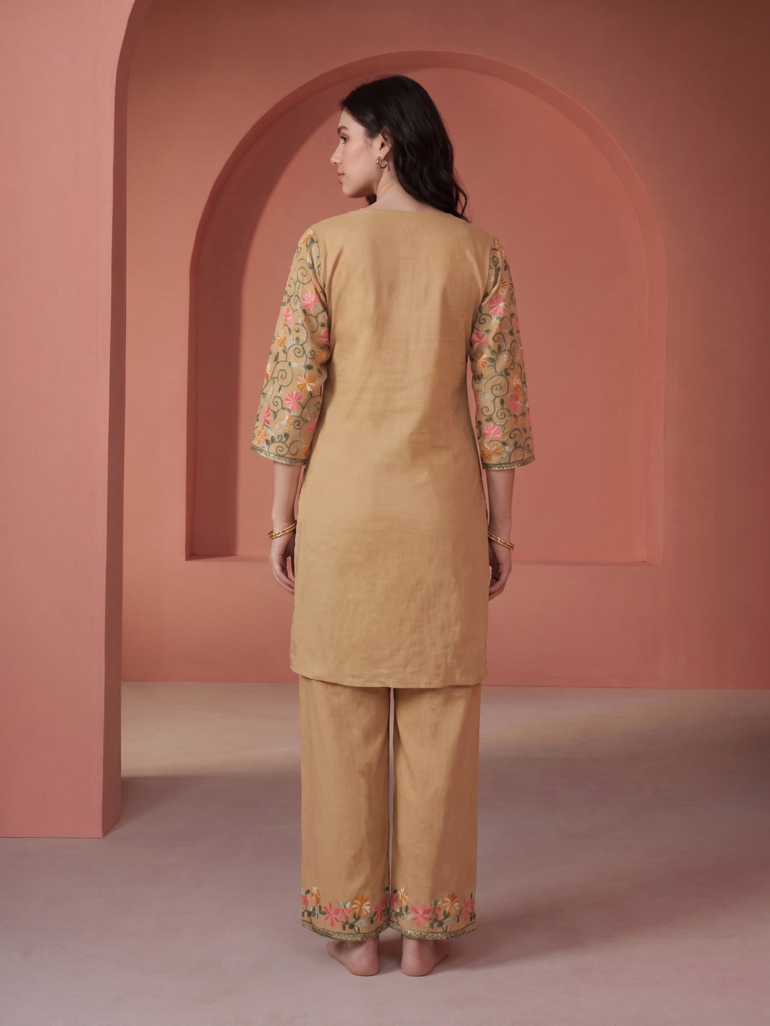 Beige Embroidered Cotton Blend Kurta Set