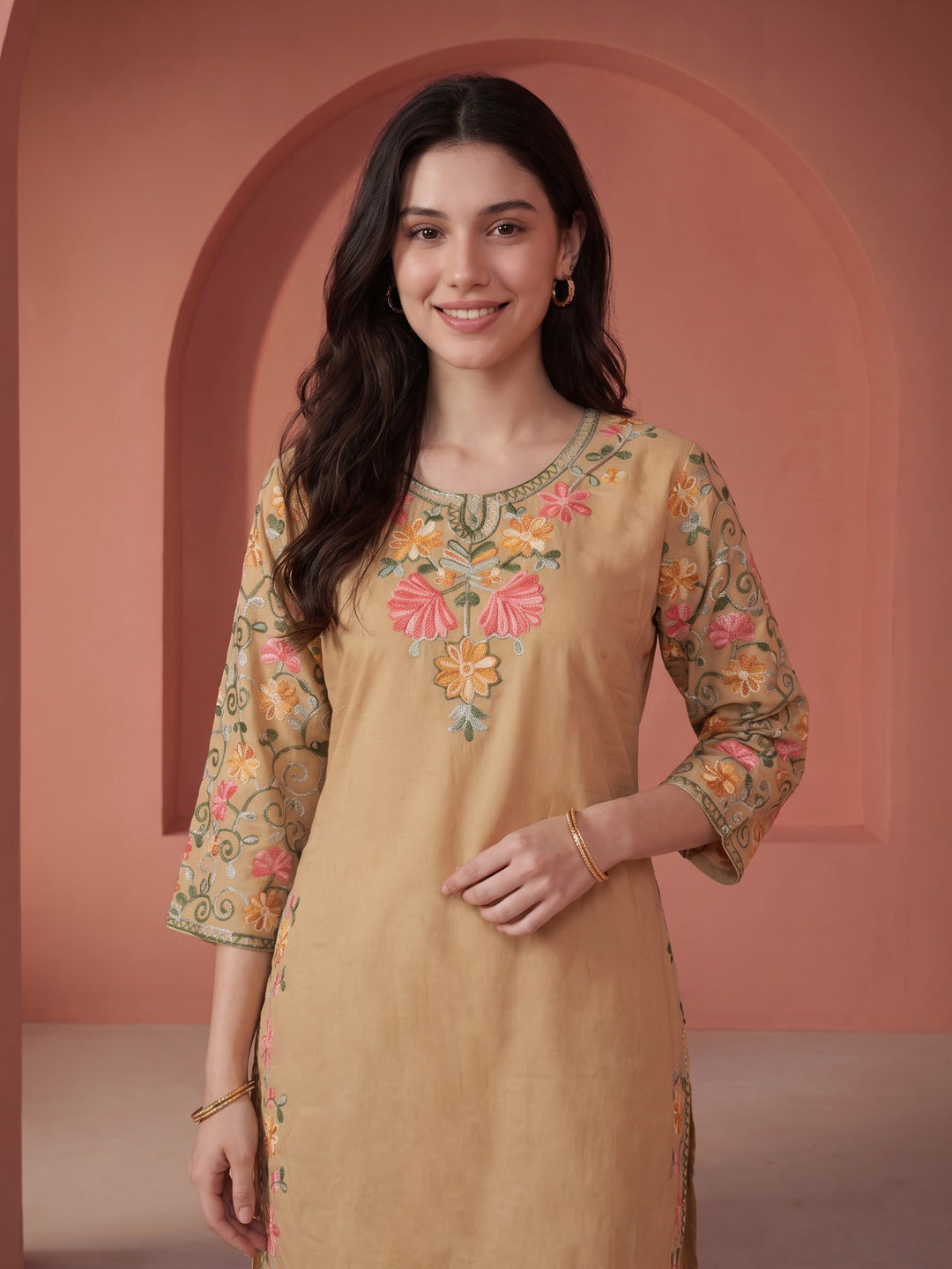 Beige Embroidered Cotton Blend Kurta Set