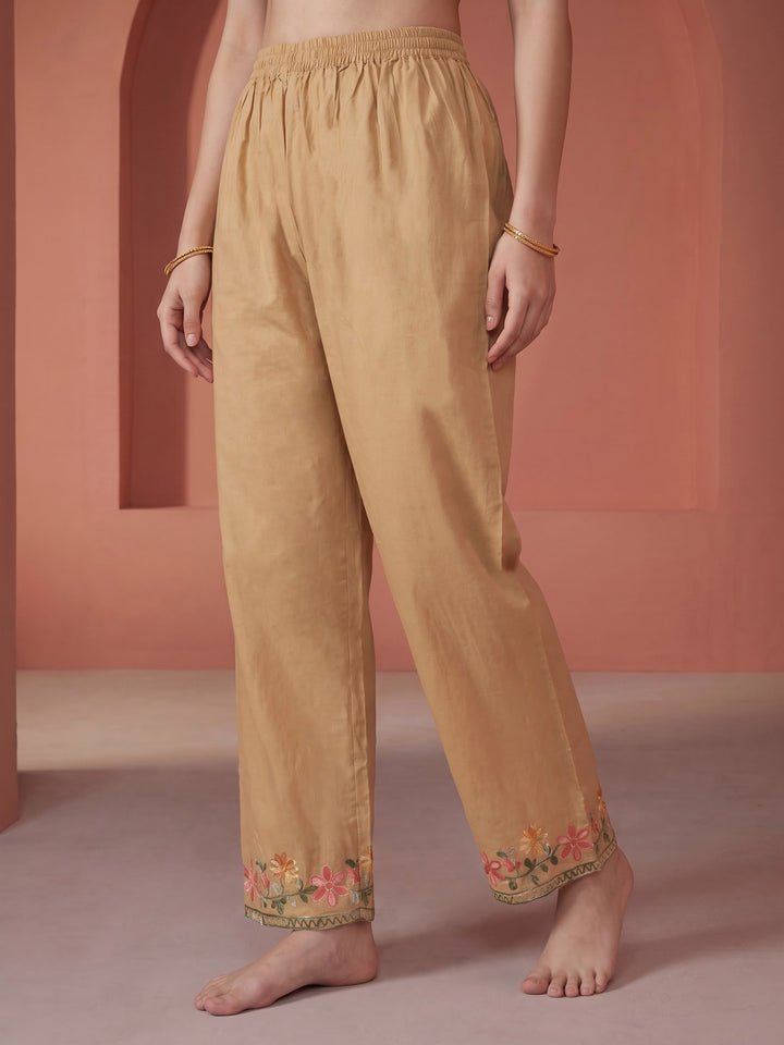 Beige Embroidered Cotton Blend Kurta Set