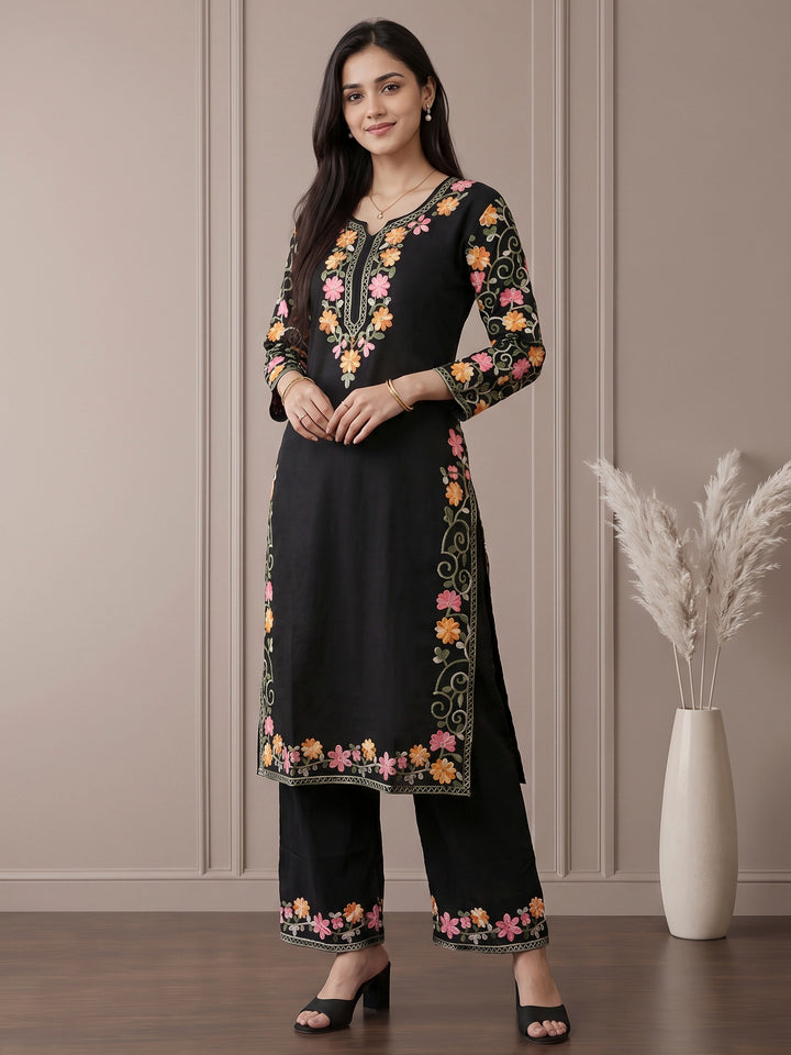 Black Embroidered Cotton Blend Kurta Set