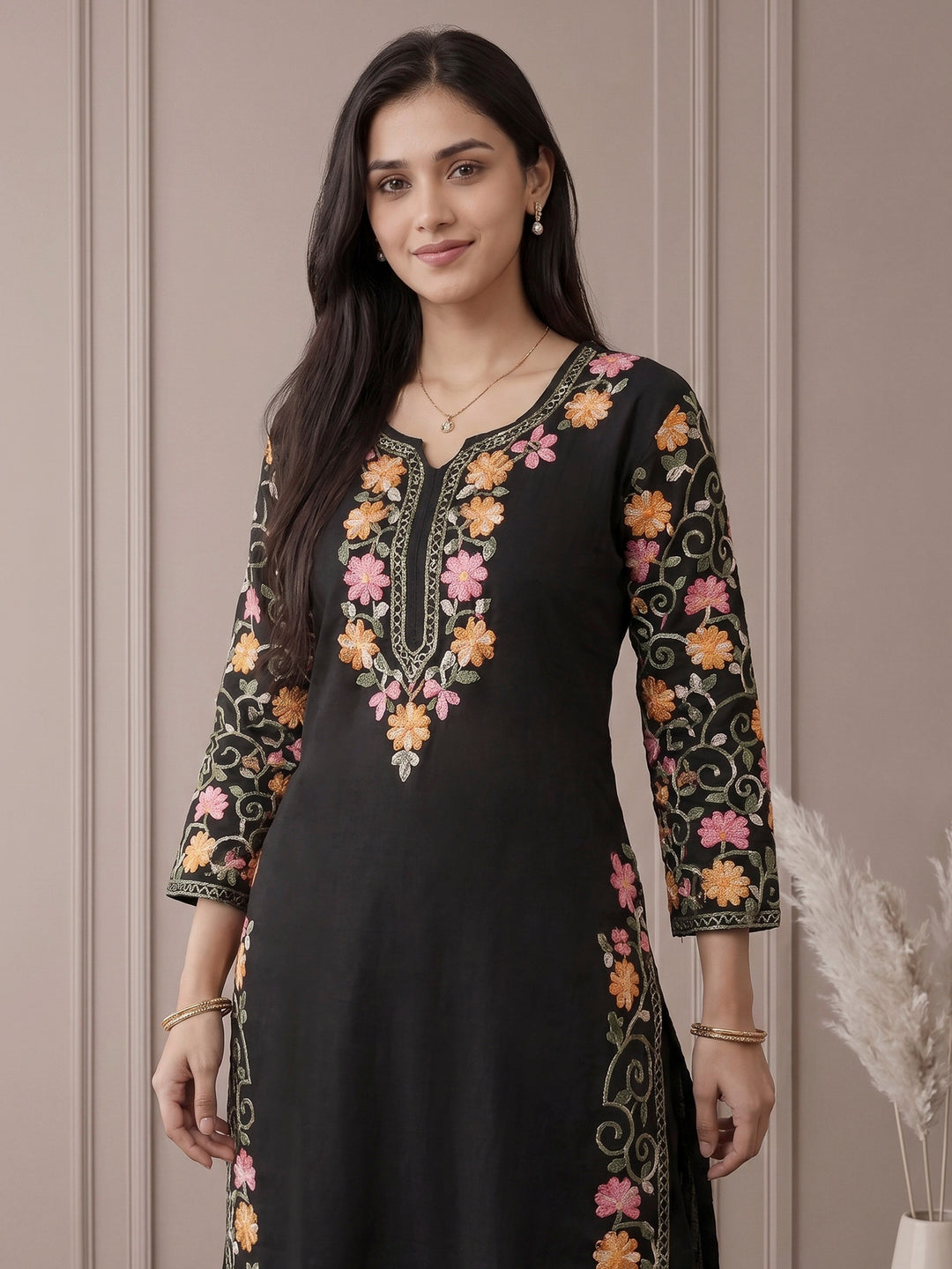 Black Embroidered Cotton Blend Kurta Set
