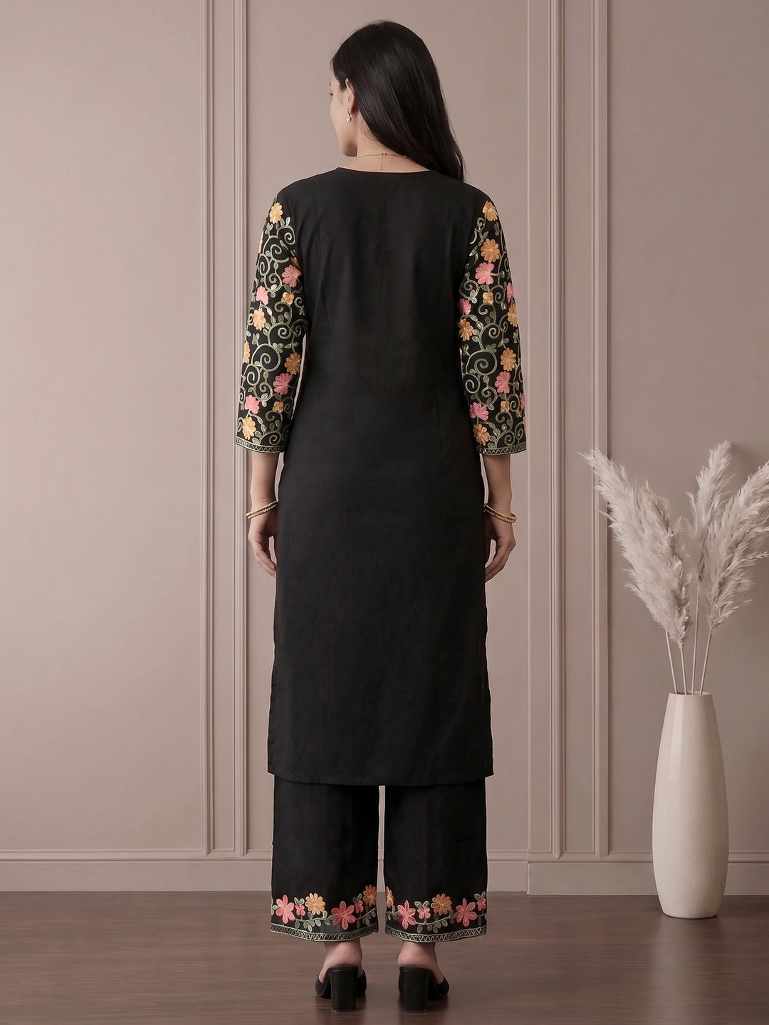 Black Embroidered Cotton Blend Kurta Set