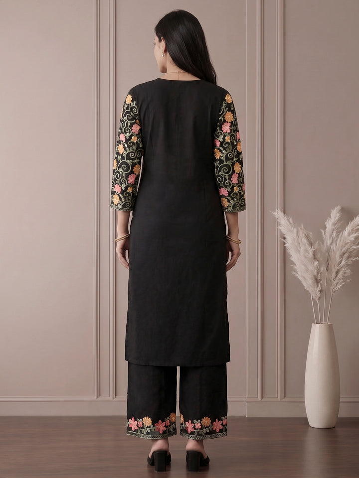 Black Embroidered Cotton Blend Kurta Set