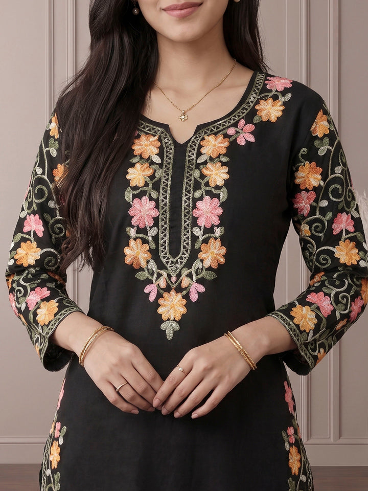 Black Embroidered Cotton Blend Kurta Set