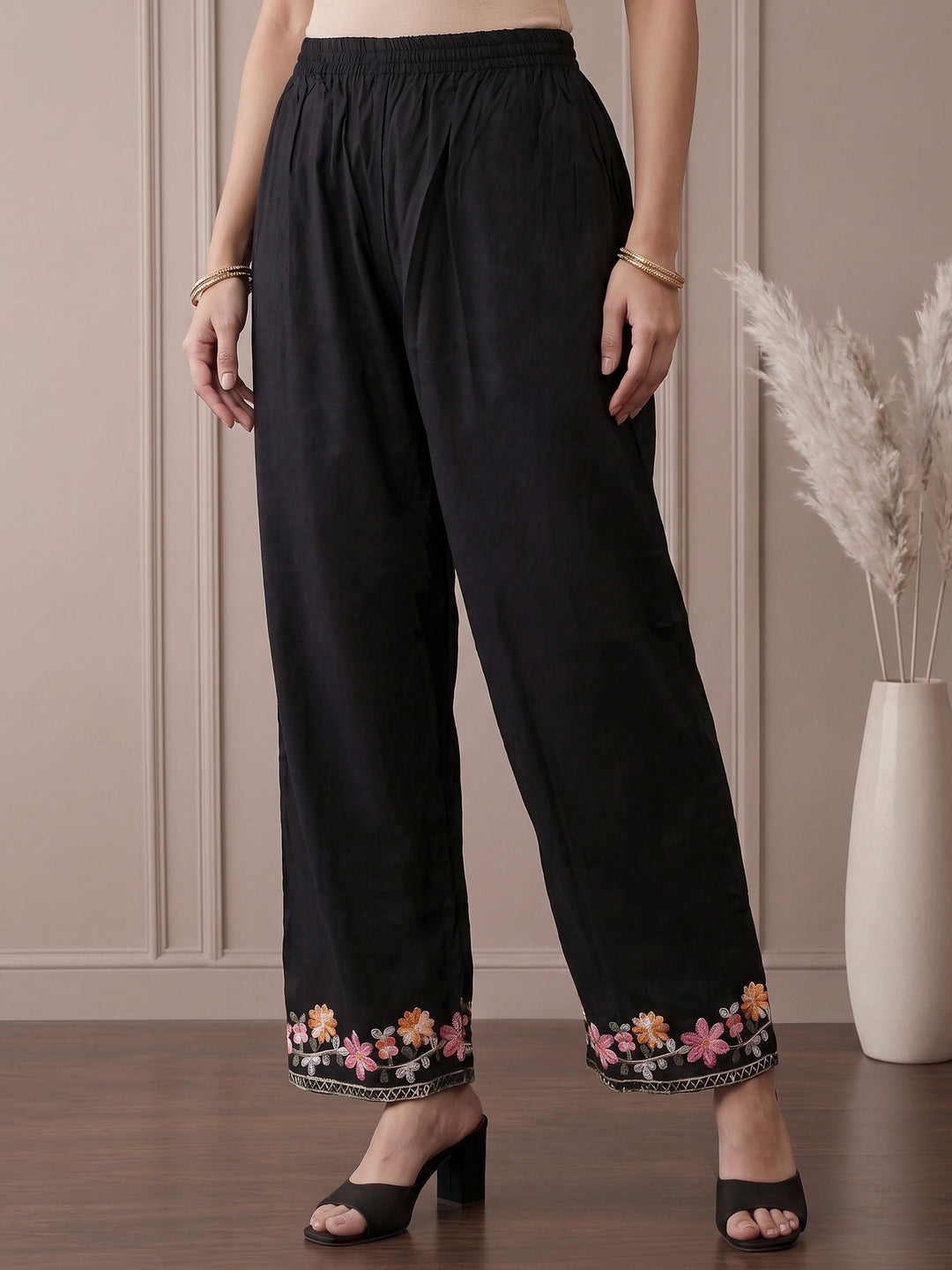 Black Embroidered Cotton Blend Kurta Set