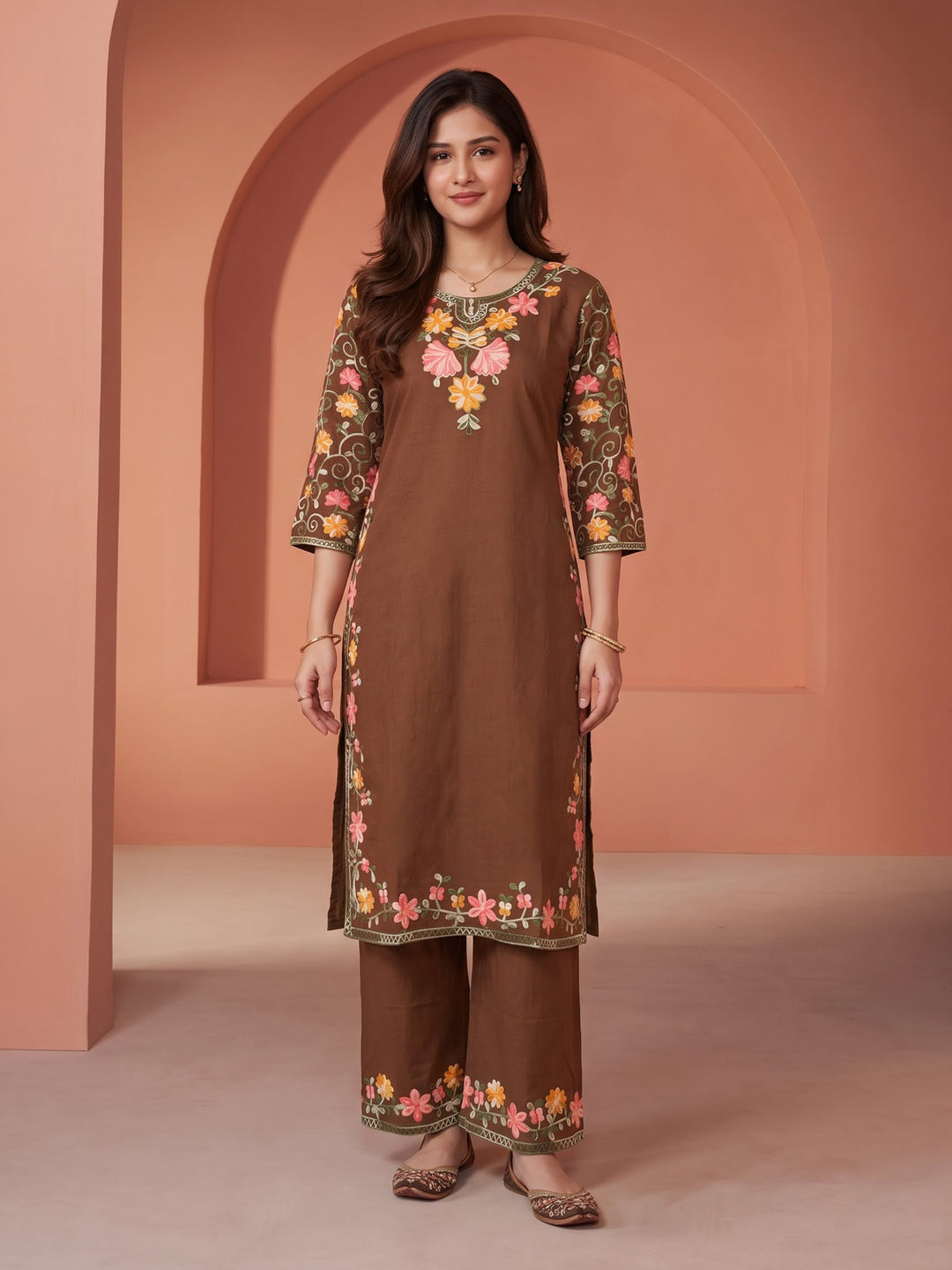 Brown Embroidered Cotton Blend Kurta Set