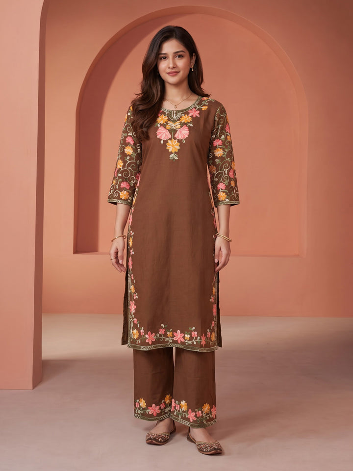 Brown Embroidered Cotton Blend Kurta Set