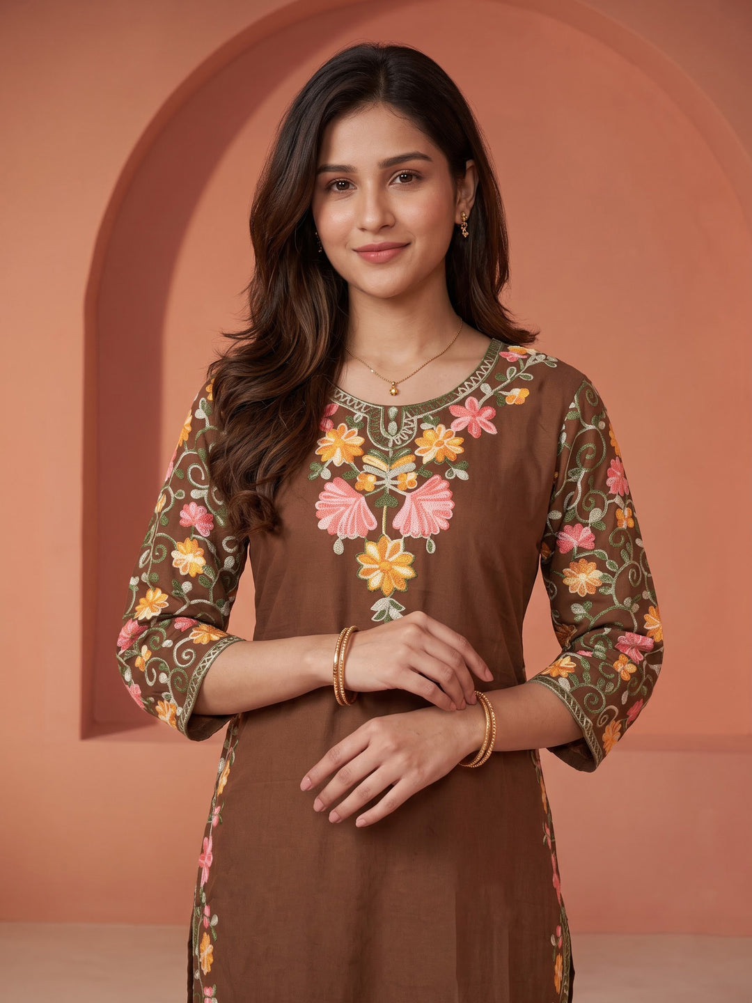 Brown Embroidered Cotton Blend Kurta Set