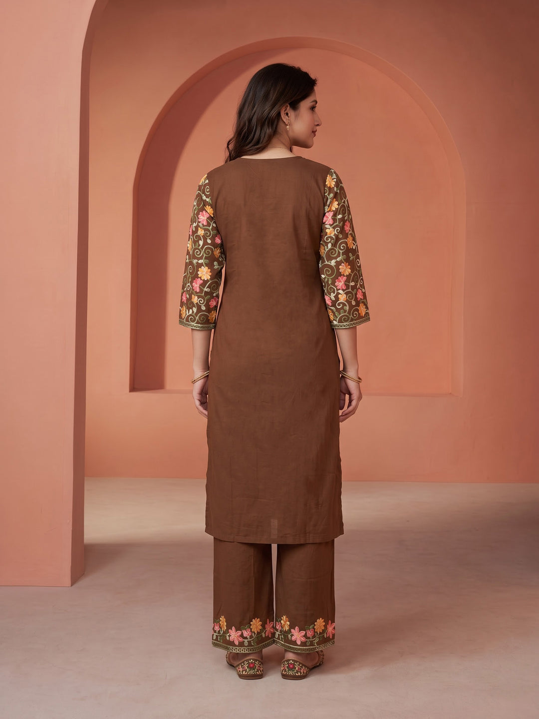 Brown Embroidered Cotton Blend Kurta Set
