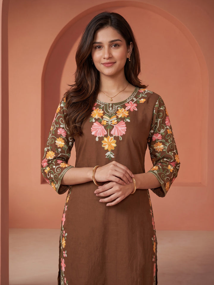 Brown Embroidered Cotton Blend Kurta Set