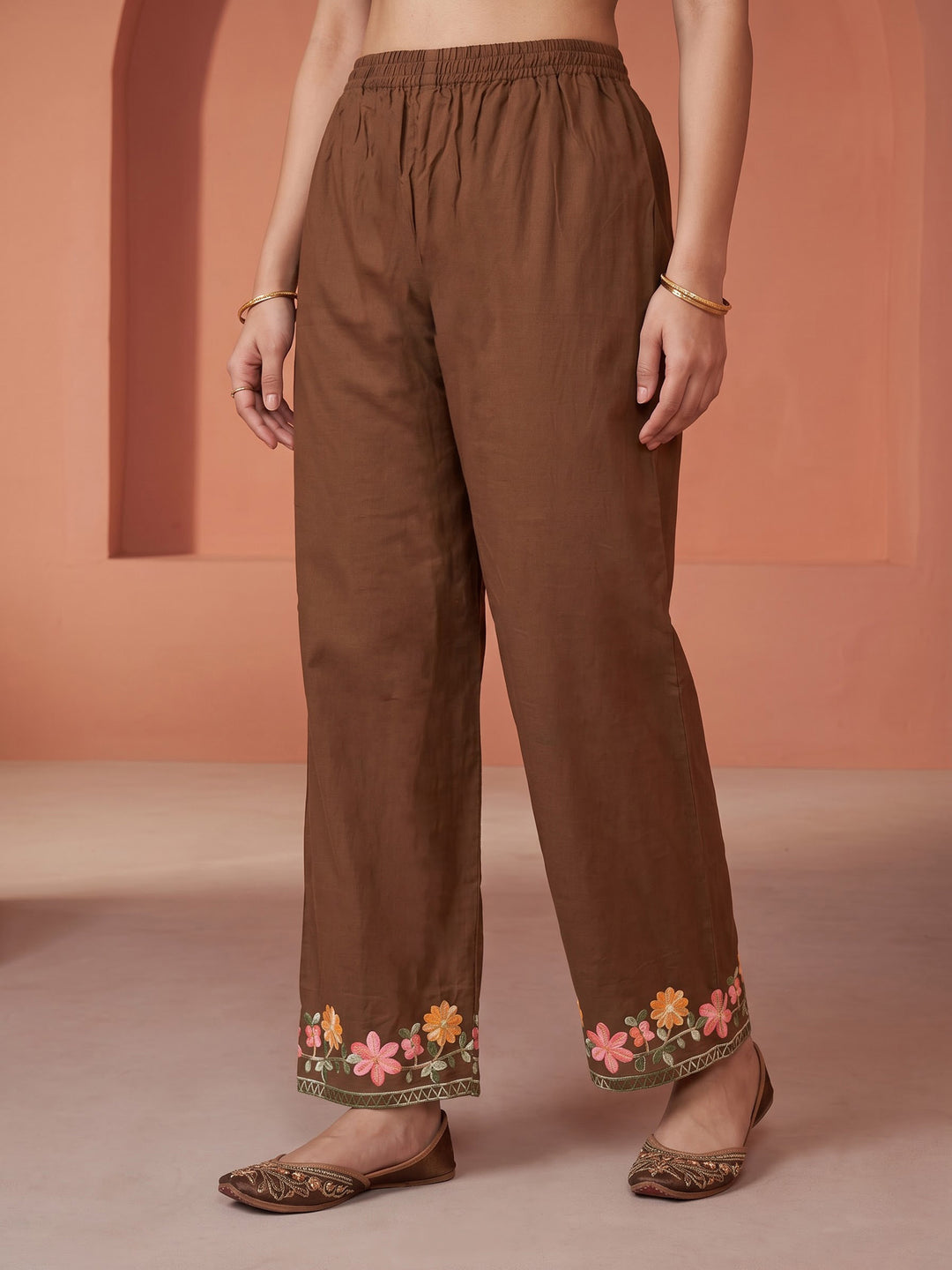 Brown Embroidered Cotton Blend Kurta Set