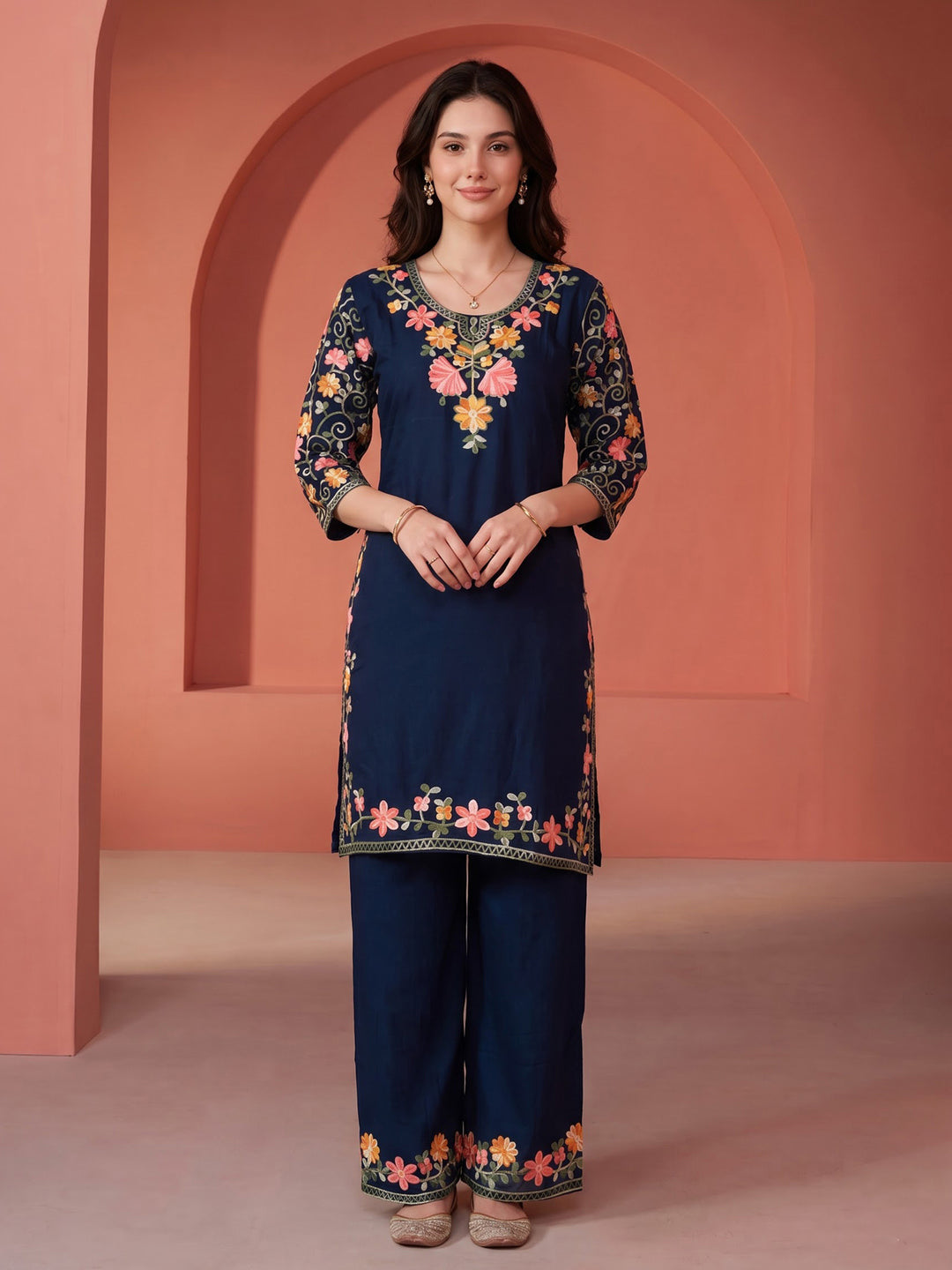 Navy Blue Embroidered Cotton Blend Kurta Set