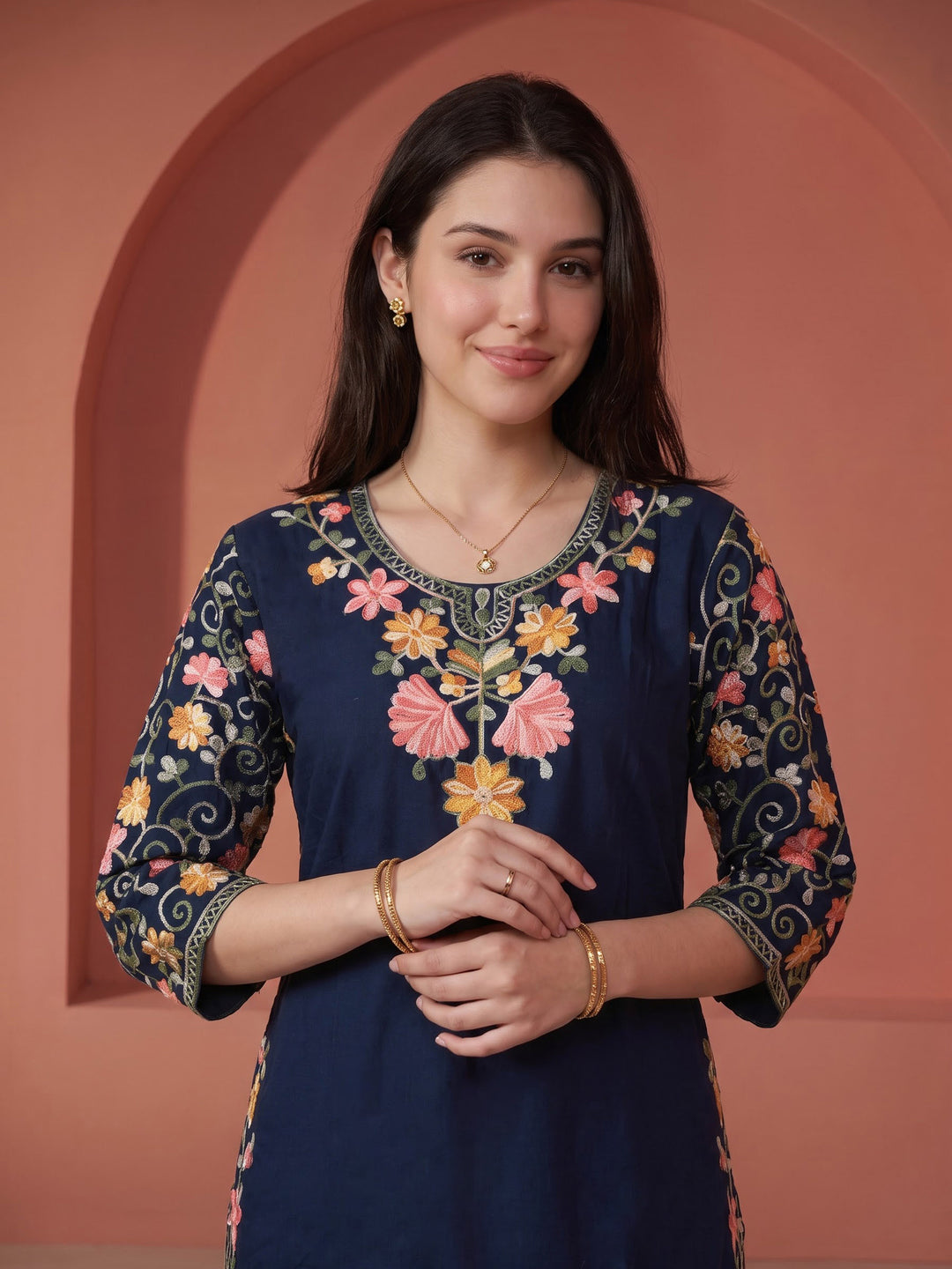 Navy Blue Embroidered Cotton Blend Kurta Set