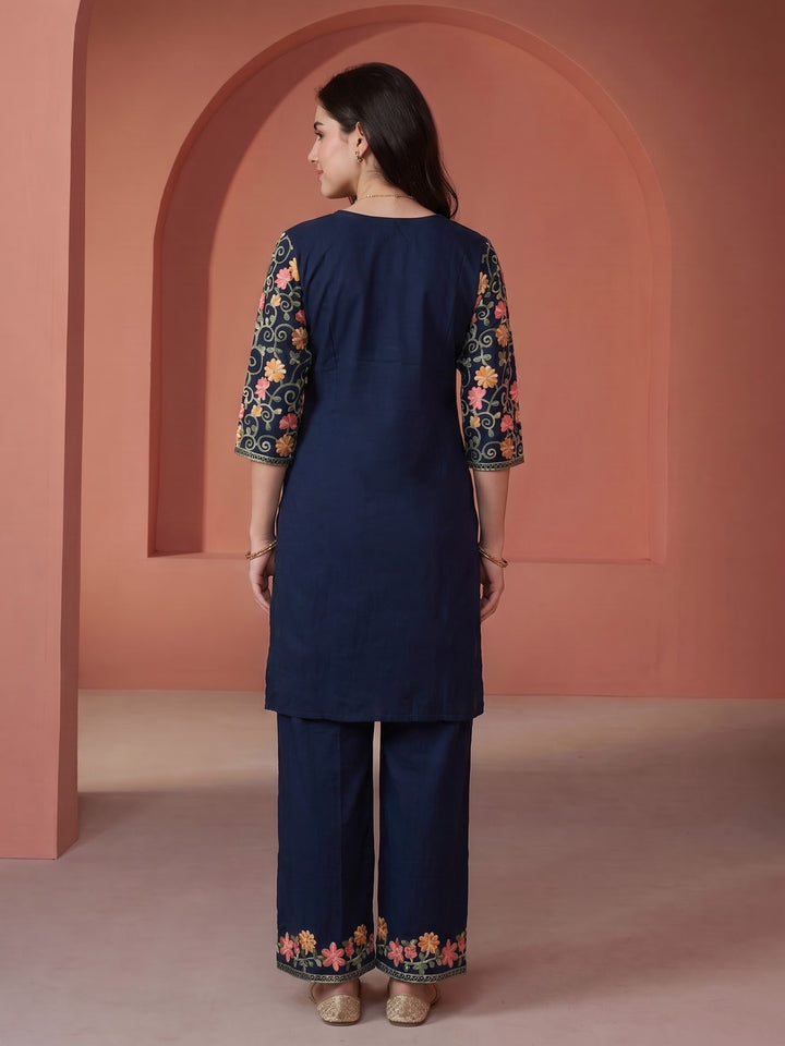 Navy Blue Embroidered Cotton Blend Kurta Set