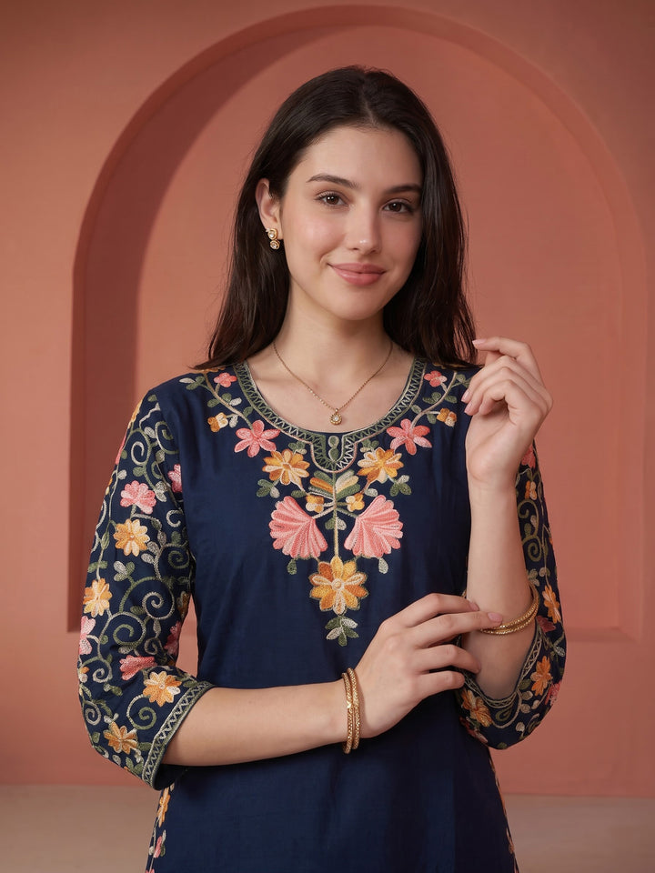 Navy Blue Embroidered Cotton Blend Kurta Set