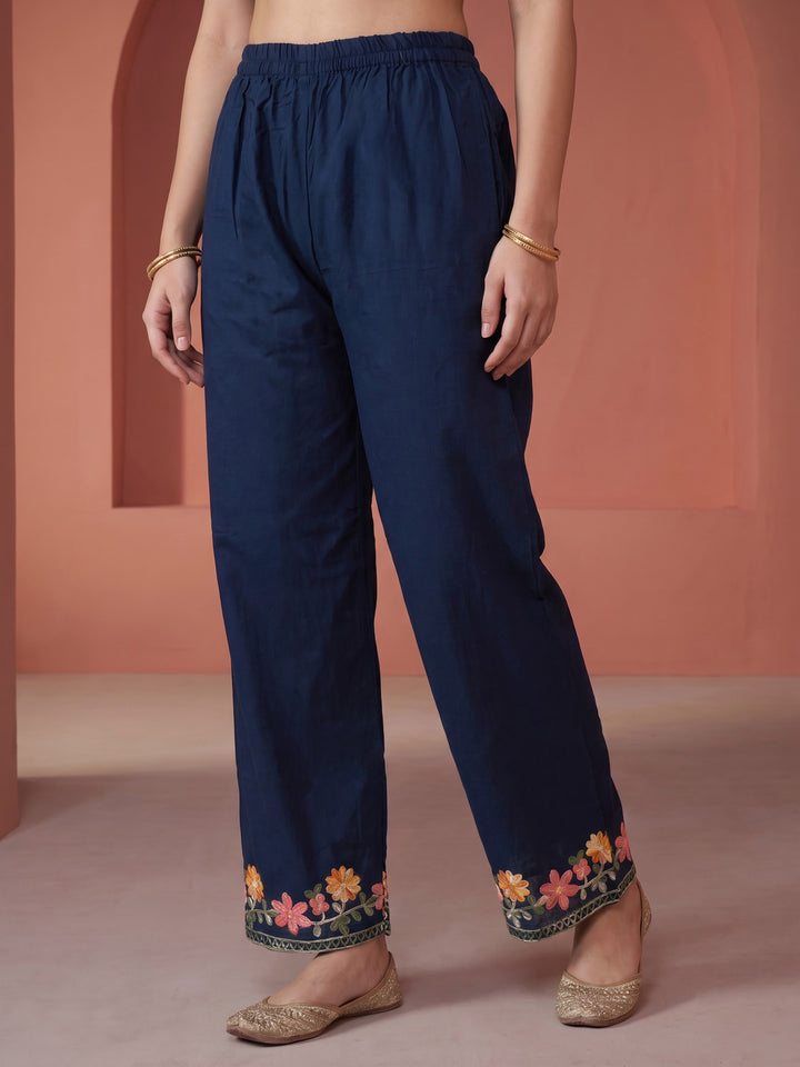 Navy Blue Embroidered Cotton Blend Kurta Set