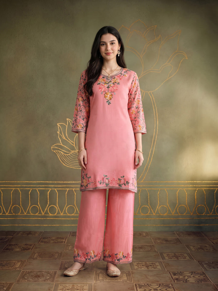 Pink Embroidered Cotton Blend Kurta Set