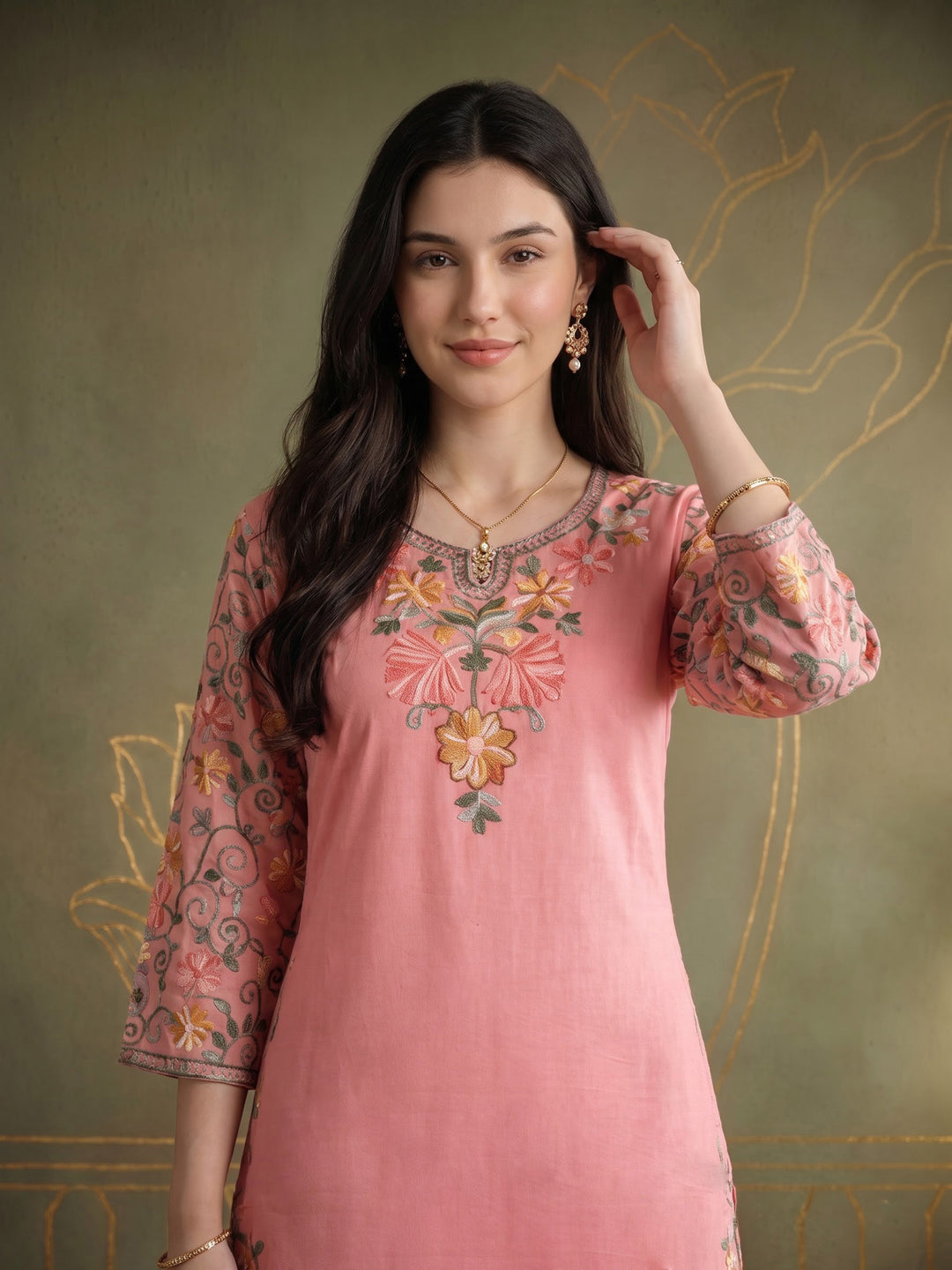Pink Embroidered Cotton Blend Kurta Set