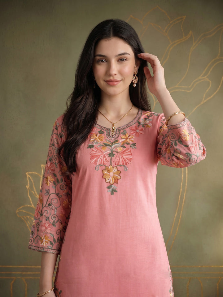 Pink Embroidered Cotton Blend Kurta Set