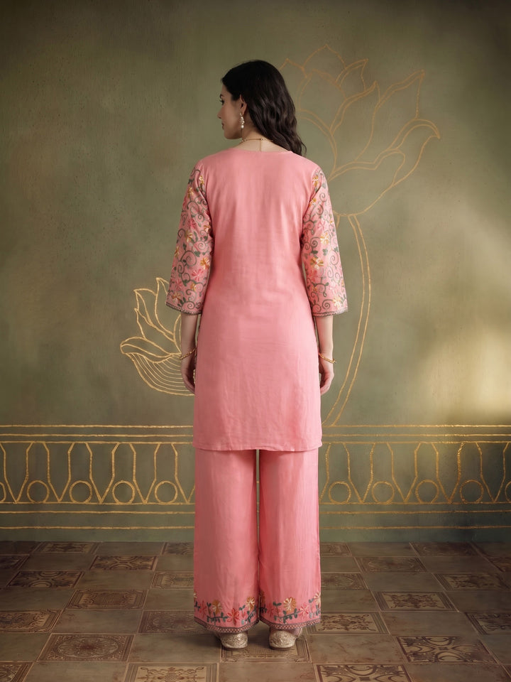 Pink Embroidered Cotton Blend Kurta Set