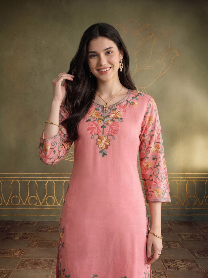 Pink Embroidered Cotton Blend Kurta Set
