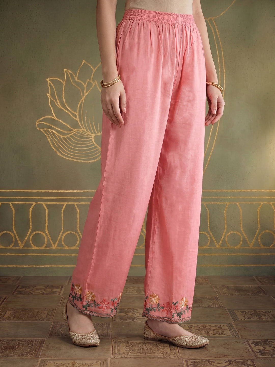 Pink Embroidered Cotton Blend Kurta Set