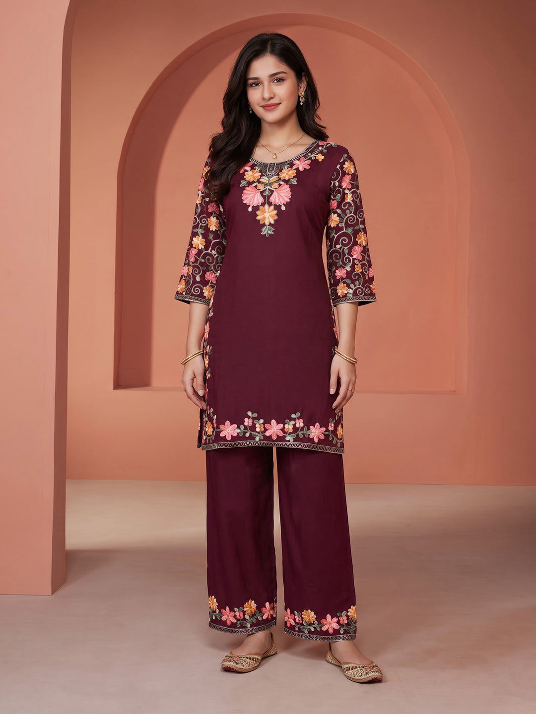 Wine Embroidered Cotton Blend Kurta Set