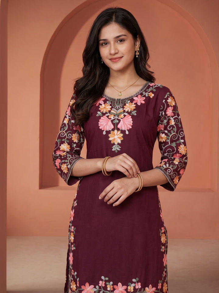 Wine Embroidered Cotton Blend Kurta Set