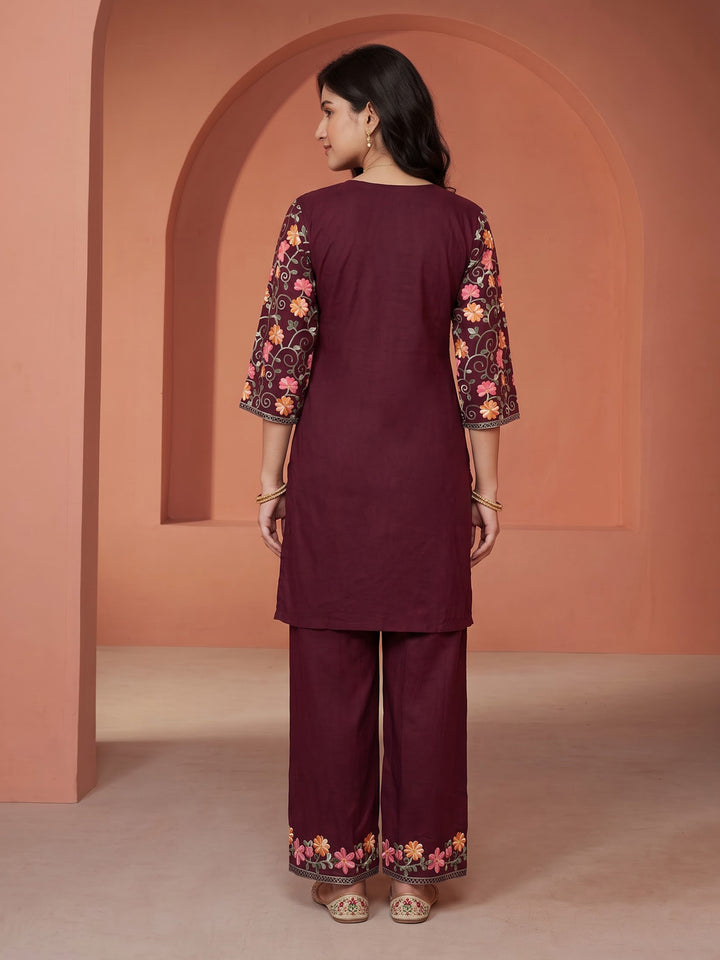 Wine Embroidered Cotton Blend Kurta Set