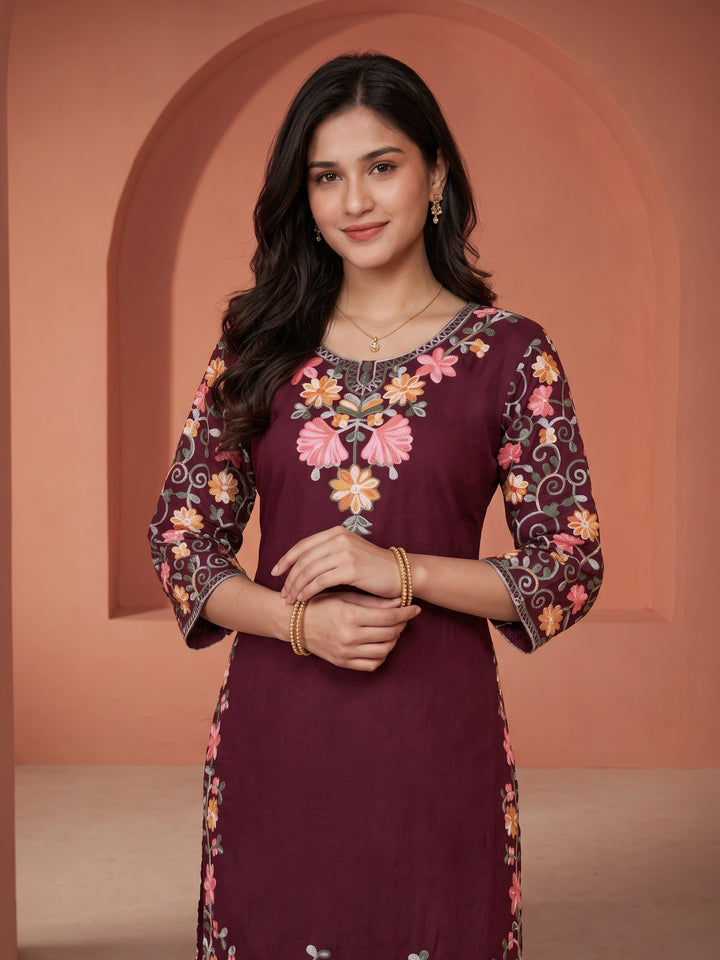 Wine Embroidered Cotton Blend Kurta Set