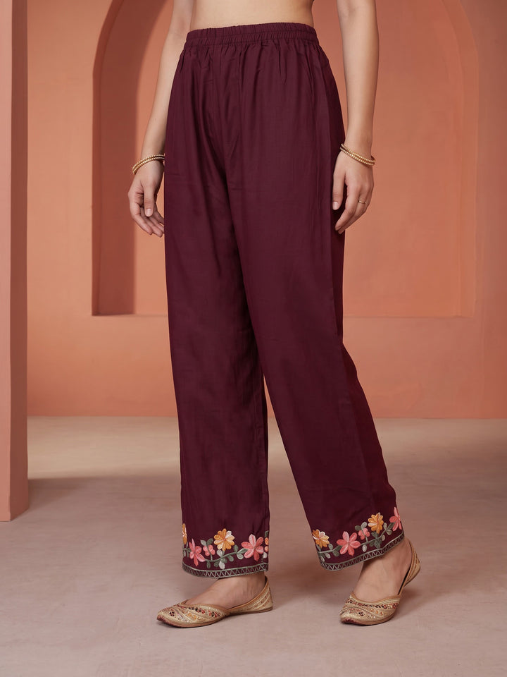 Wine Embroidered Cotton Blend Kurta Set