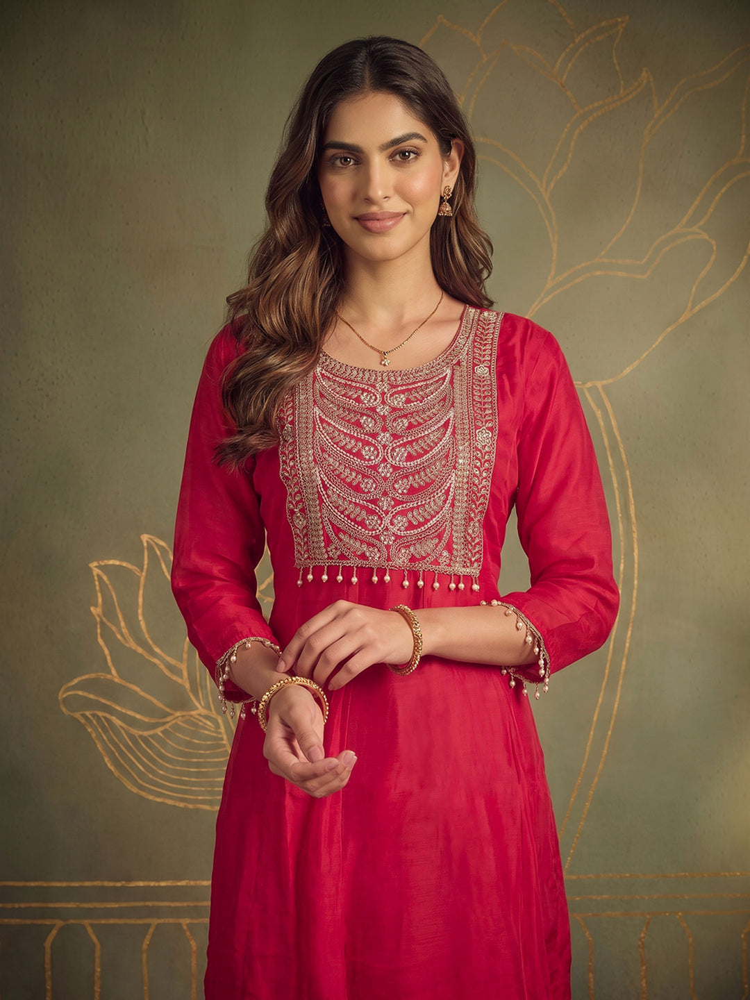 Rani Art Silk Embroidered Kurta With Pant &amp; Dupatta
