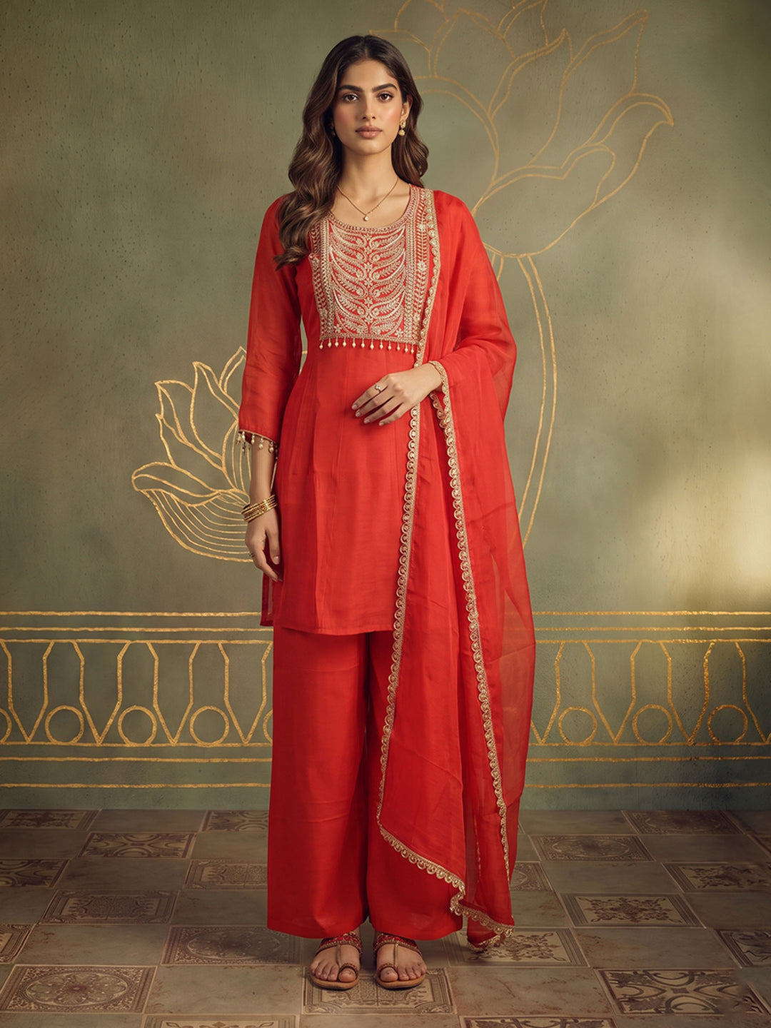 Red Art Silk Embroidered Kurta With Pant &amp; Dupatta