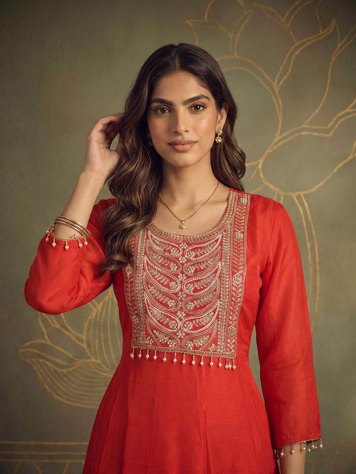 Red Art Silk Embroidered Kurta With Pant &amp; Dupatta