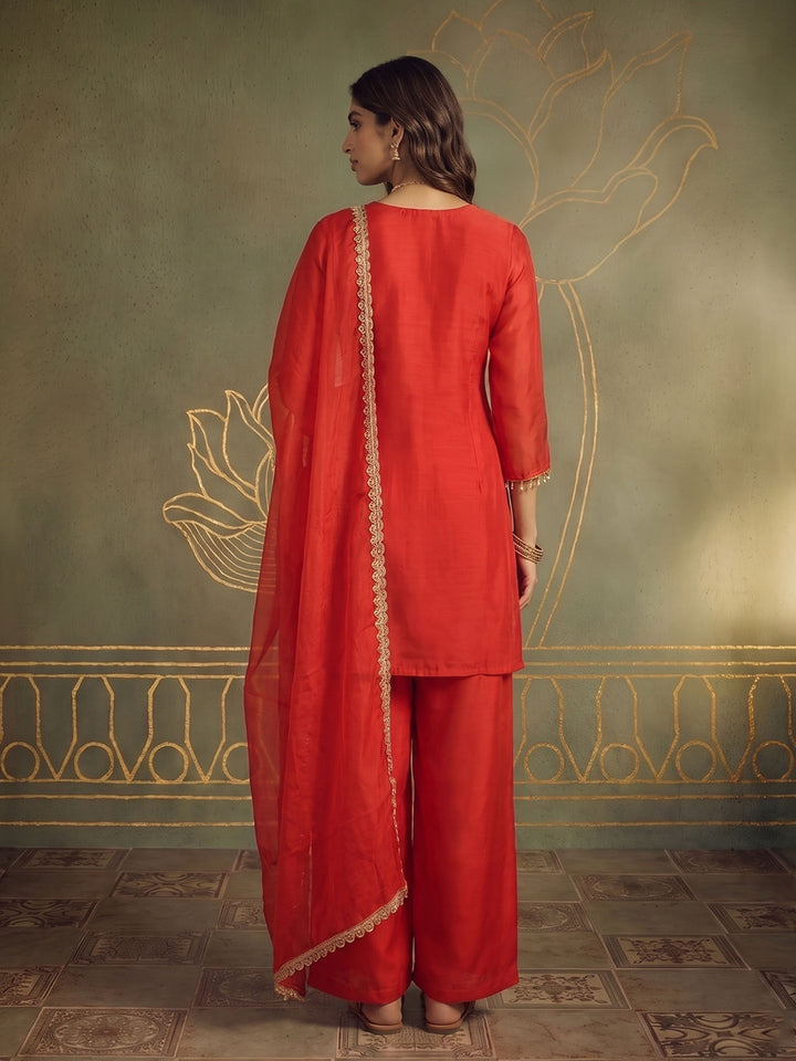 Red Art Silk Embroidered Kurta With Pant &amp; Dupatta