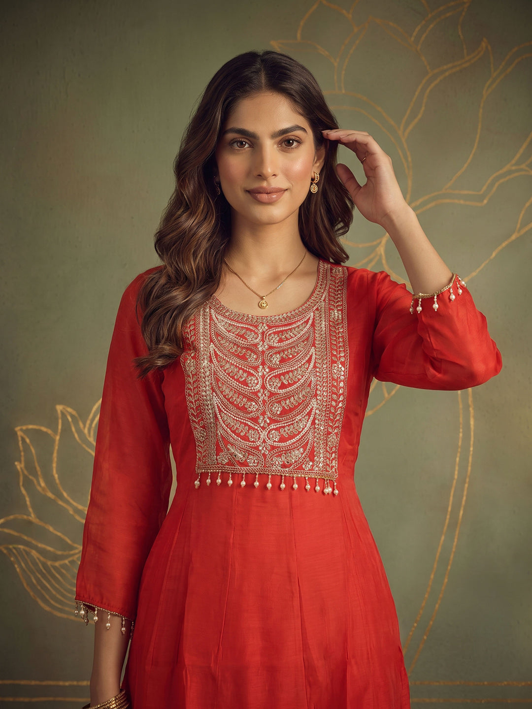 Red Art Silk Embroidered Kurta With Pant &amp; Dupatta