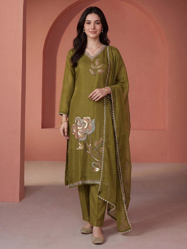 Pista Green Embroidered Crepe Kurta With Pant &amp; Dupatta