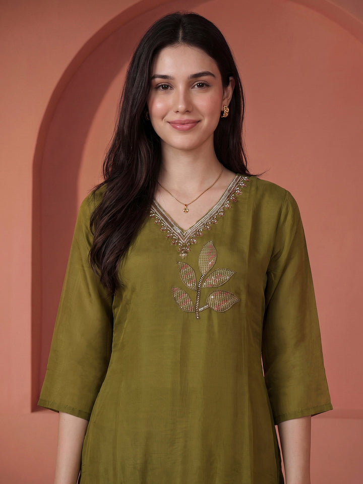 Pista Green Embroidered Crepe Kurta With Pant &amp; Dupatta