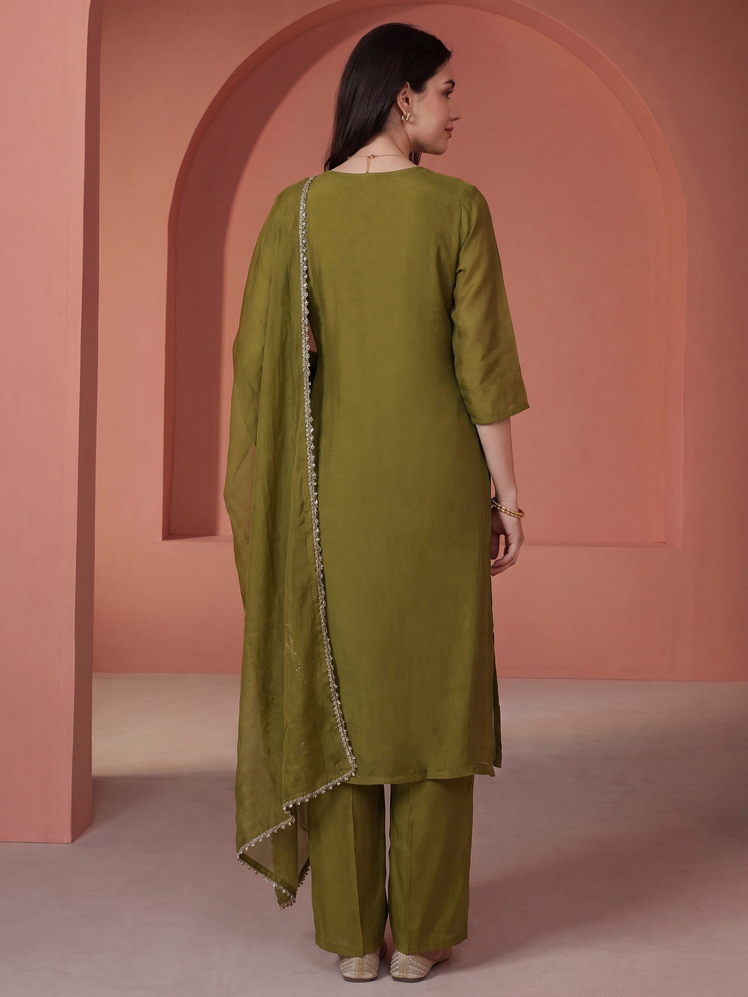 Pista Green Embroidered Crepe Kurta With Pant &amp; Dupatta