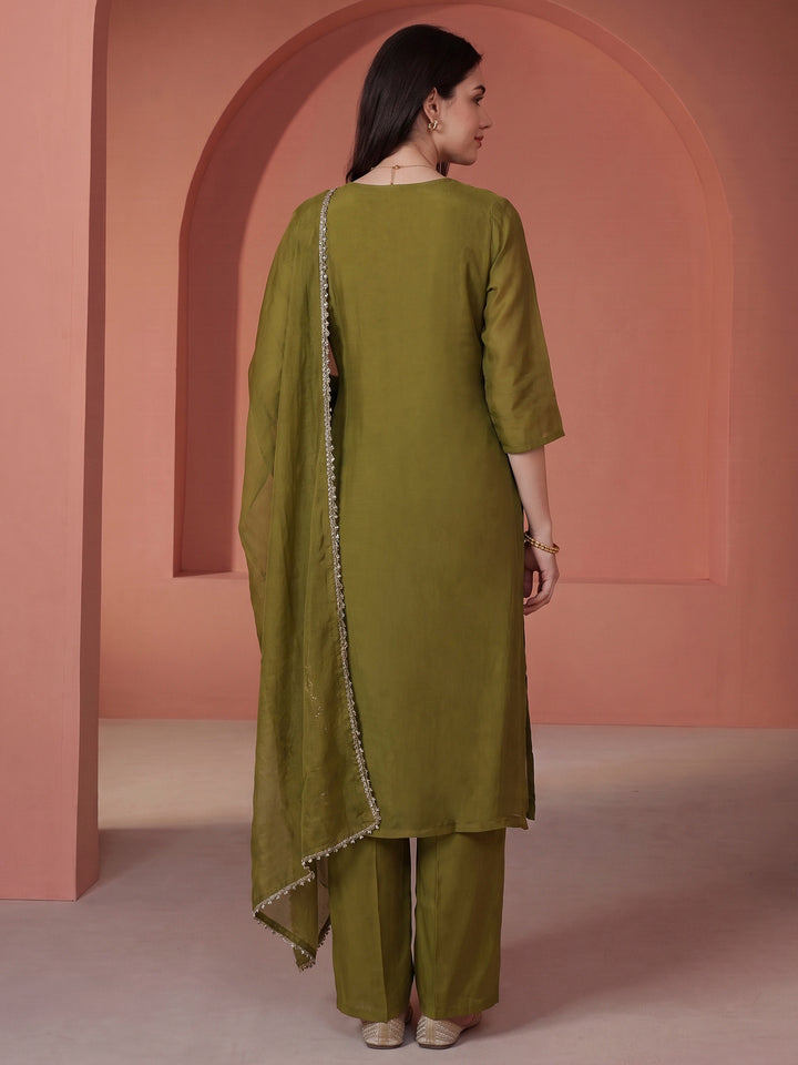Pista Green Embroidered Crepe Kurta With Pant &amp; Dupatta