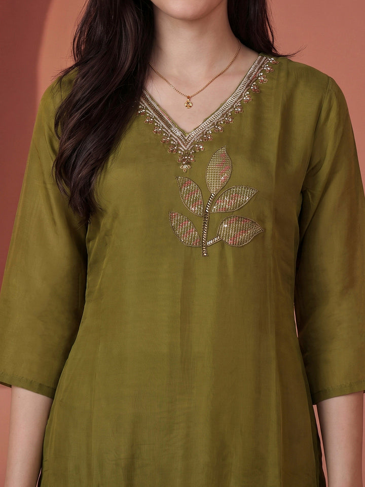 Pista Green Embroidered Crepe Kurta With Pant &amp; Dupatta