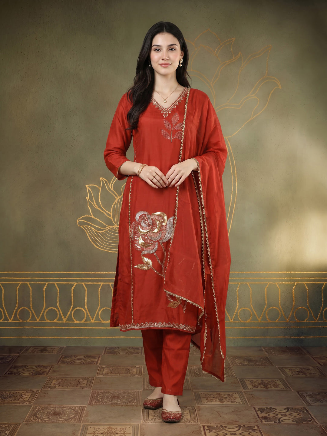 Rust Embroidered Crepe Kurta With Pant &amp; Dupatta