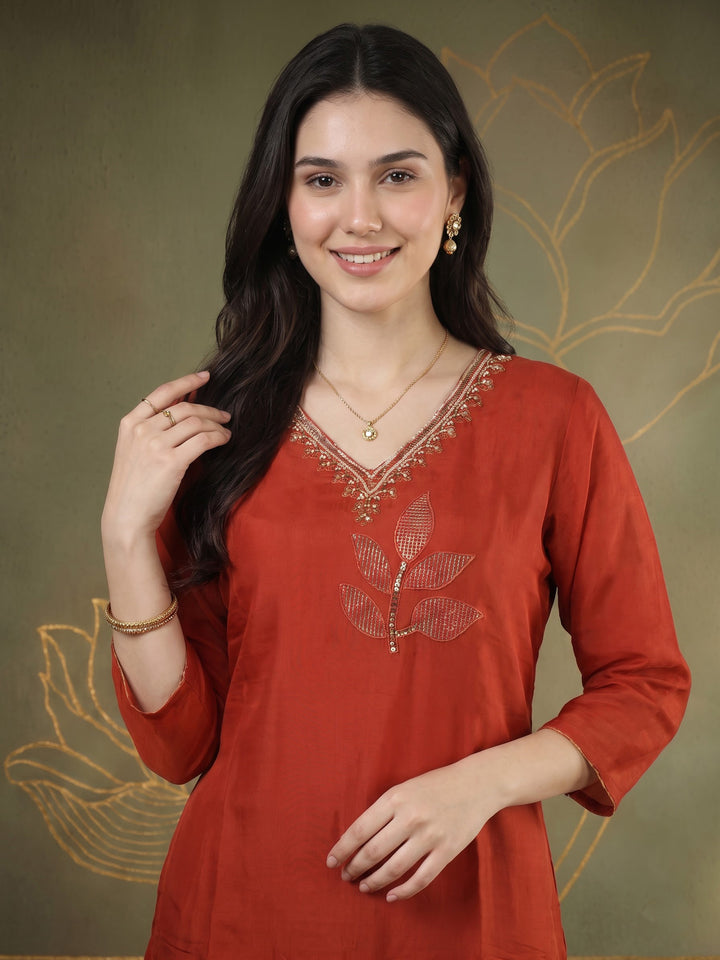 Rust Embroidered Crepe Kurta With Pant &amp; Dupatta