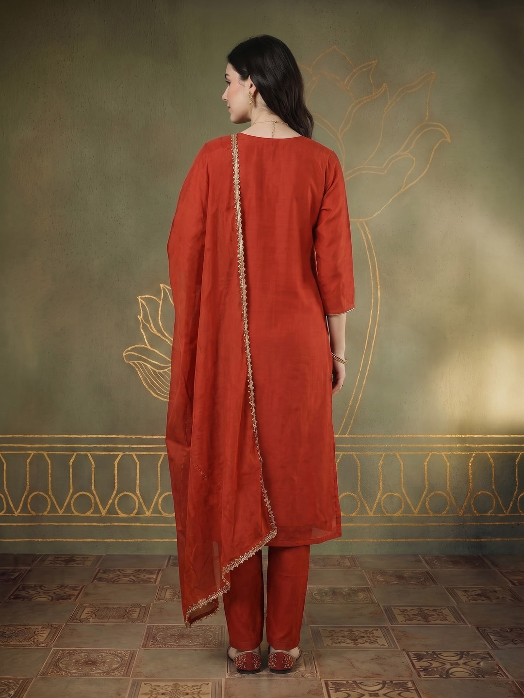Rust Embroidered Crepe Kurta With Pant &amp; Dupatta