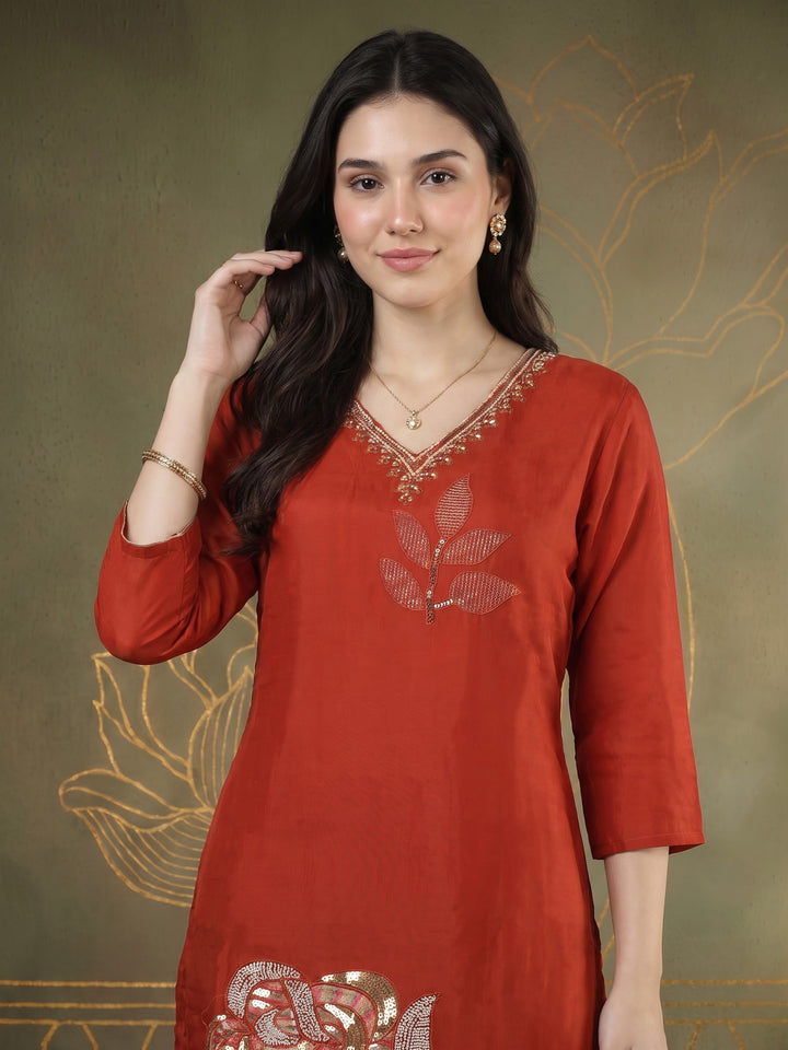 Rust Embroidered Crepe Kurta With Pant &amp; Dupatta