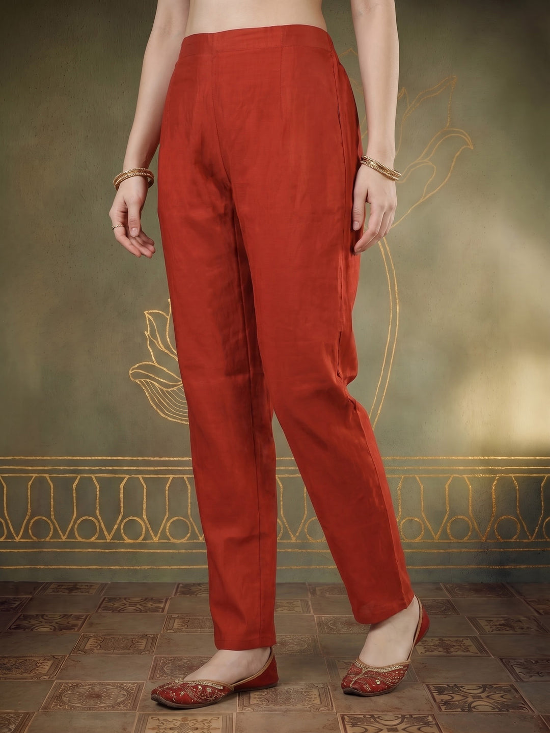 Rust Embroidered Crepe Kurta With Pant &amp; Dupatta
