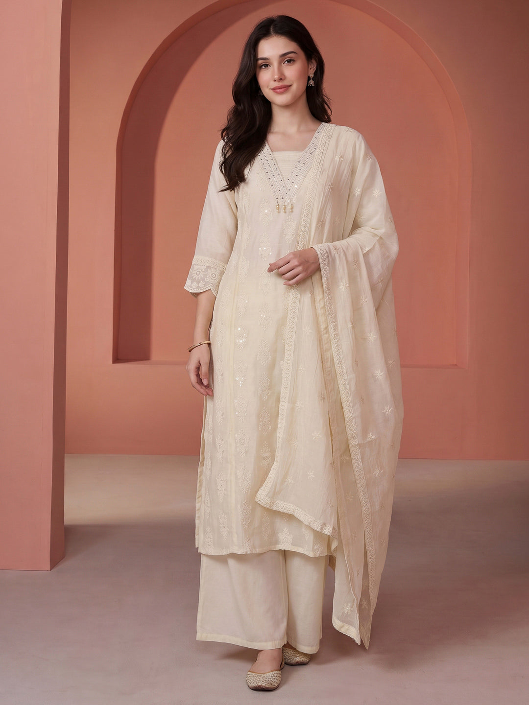 Aqua Green Embroidered Cotton Blend Kurta With Pant &amp; Dupatta