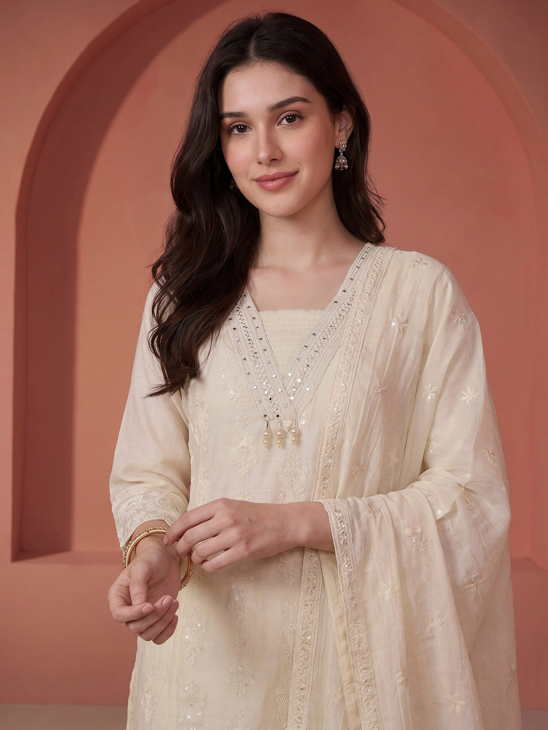 Aqua Green Embroidered Cotton Blend Kurta With Pant &amp; Dupatta