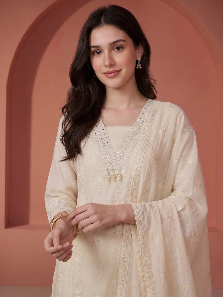 Aqua Green Embroidered Cotton Blend Kurta With Pant &amp; Dupatta