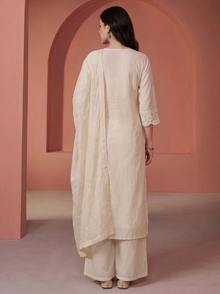 Cream Embroidered Cotton Blend Kurta With Pant &amp; Dupatta